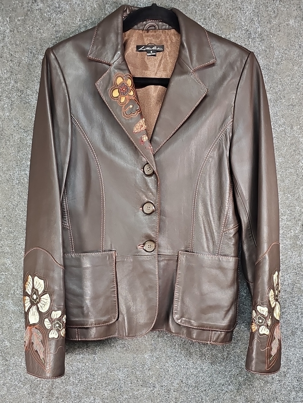 Vtg Lillie Rubin Leather Blazer Cutout Floral Design, 3 Button, Brown, Size 8